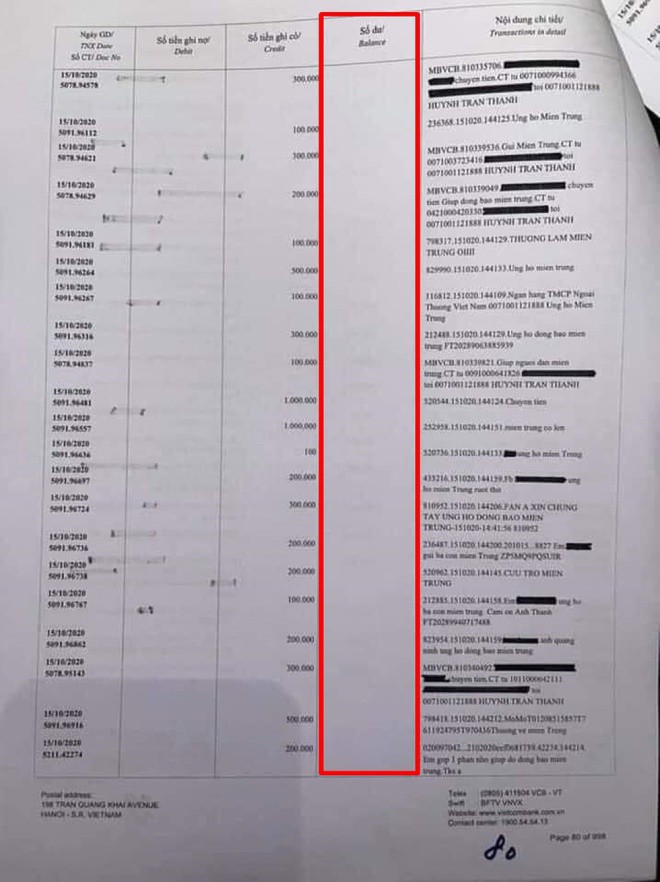 Số khác không hiểu vì sao cột “số dư” trong 100 trang mà Trấn Thành đưa lên lại để trống.
