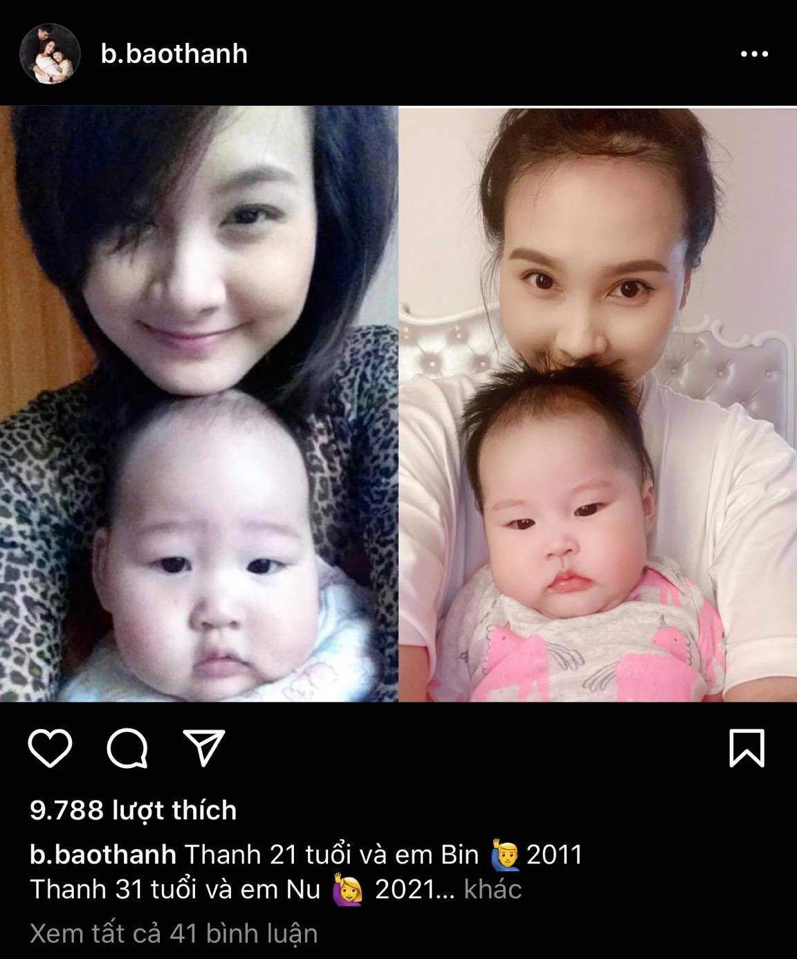 Bảo Thanh tham gia challenge kèm hình ảnh không thể đáng yêu hơn. Năm 21 tuổi, cô sinh em bé thứ nhất và giờ là em bé thứ 2. Nhan sắc bà mẹ 2 con sau bao năm tháng vẫn chẳng đổi khác, thậm chí chẳng 1 nếp nhăn chân chim. Sự tươi vui, dí dỏm có lẽ là yếu tố giúp Bảo Thanh duy trì sự uy tín của nhan sắc tự nhiên này.
