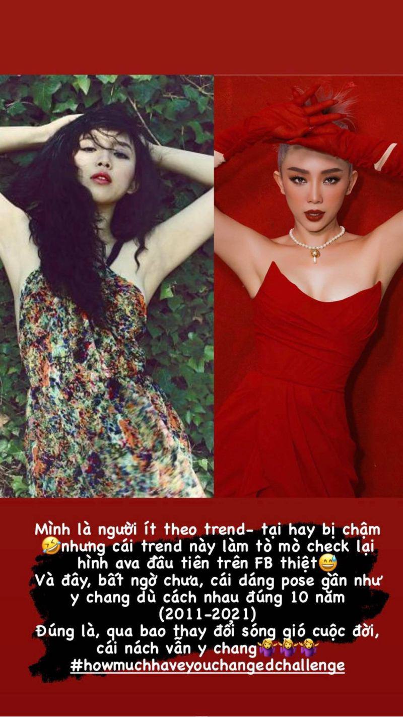 Tóc Tiên ít khi theo trend nhưng cũng không thể bỏ qua trào lưu hay ho này. Cô nàng còn bất ngờ vì dáng pose gần như y chang dù cách nhau đúng 10 năm. Ngoại trừ khuôn ngực bị đồn thổi có nâng cấp ra thì nhan sắc của nữ ca sĩ bao năm vẫn vậy.