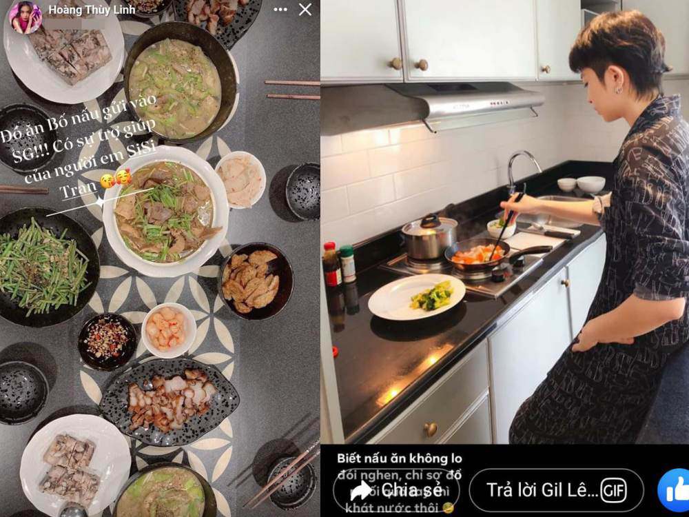 Bàn ăn trong căn penthouse triệu đô của Hoàng Thuỳ Linh (trái) và căn bếp Gil Lê nhiều lần khoe cảnh đứng nấu có nhiều điểm tương đồng về tông màu, ánh sáng.
