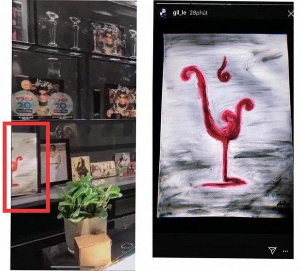 Một lần khác, Hoàng Thuỳ Linh chia sẻ clip về cuộc sống trong căn penthouse triệu đô ngay giữa trung tâm TP.HCM. Khi nữ ca sĩ lia máy về tủ đựng giải thưởng (ảnh trái), đã vô tình để lộ một món đồ từng được Gil Lê khoe trước đó (ảnh phải).