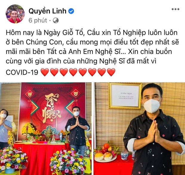 Thắp hương hướng đến Tổ nghề, MC Quyền Linh không quên chia buồn với người nhà của bệnh nhân mất vì dịch bệnh.