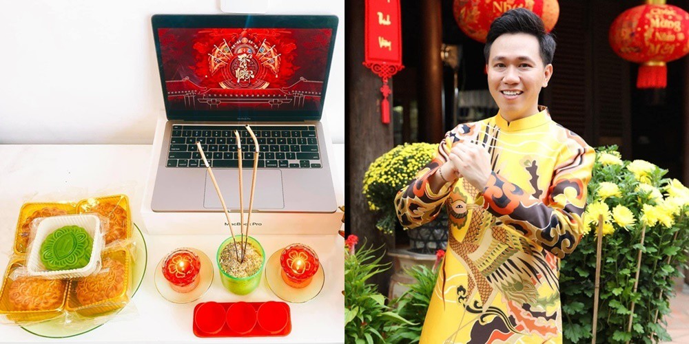 Nghệ sĩ hài Anh Đức cùng Tổ nghề bằng bánh trung thu và trái cây.