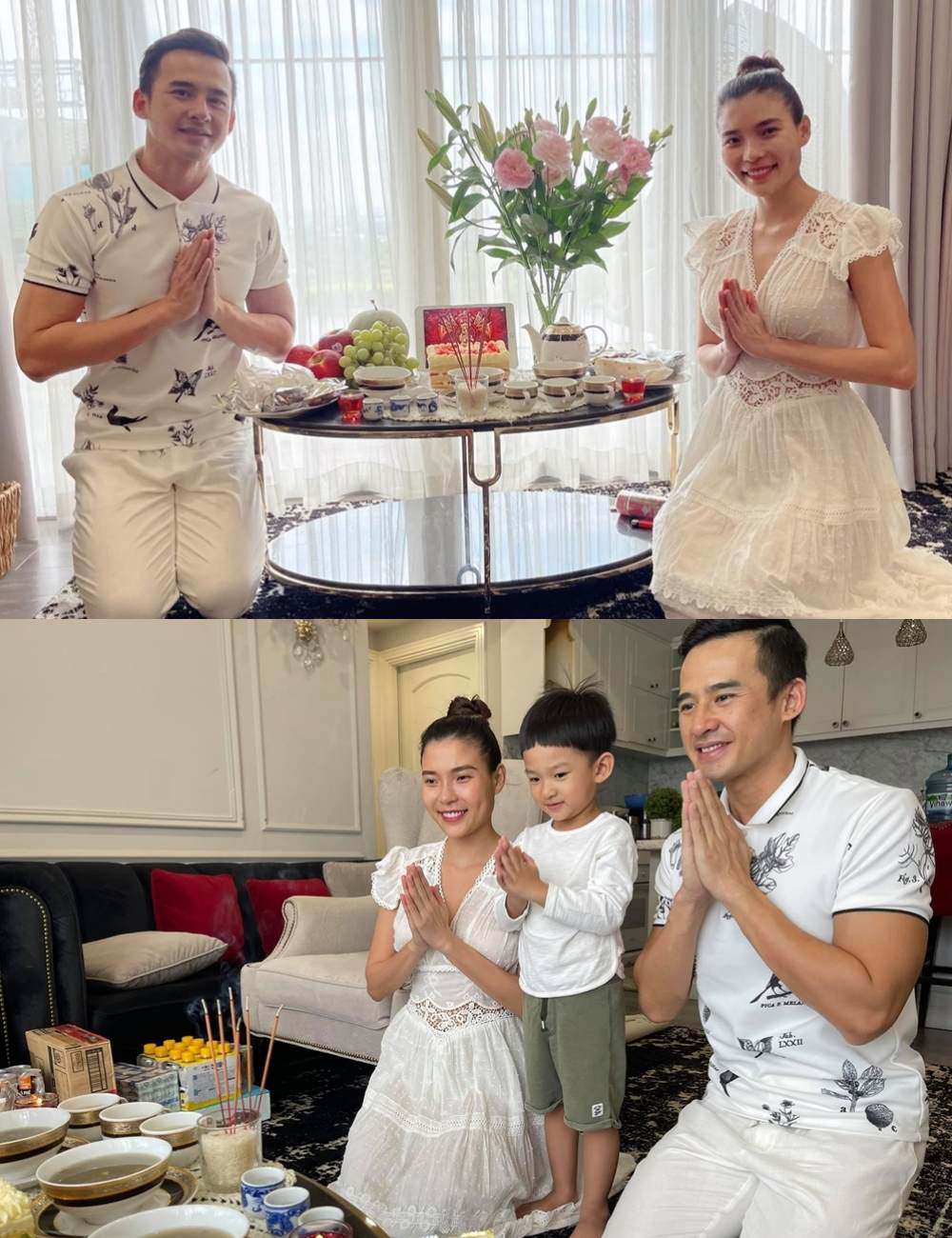 Vợ chồng Lương Thế Thành - Thuý Diễm chuẩn bị trà, trà cây và hoa bên bàn cúng Tổ nghề tại nhà.