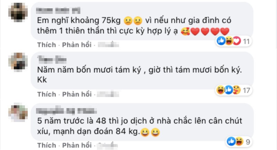 Bảo Thy còn mở hội để cho fan đoán đúng số cân nặng ở hiện tại. Khỏi phải nói, ai nấy trông ngóng cô lên chức mạnh đến như nào mà đều vote số cân nặng của cả mẹ và bé.