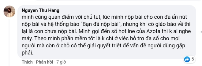 Một trong nhiều ý kiến của phụ huynh bày tỏ quan điểm khi sử dụng phần mềm mới Azota.
