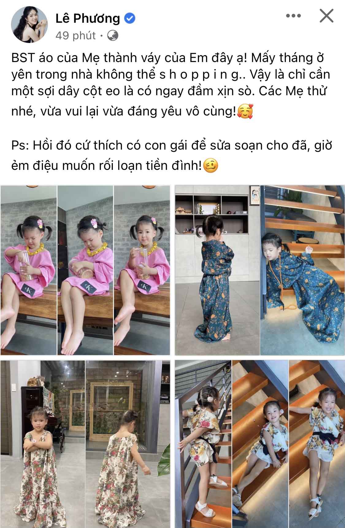Mùa dịch khó sắm quần áo, Lê Phương hô biến đồ bộ U40 cho con gái 2 tuổi mặc - 1