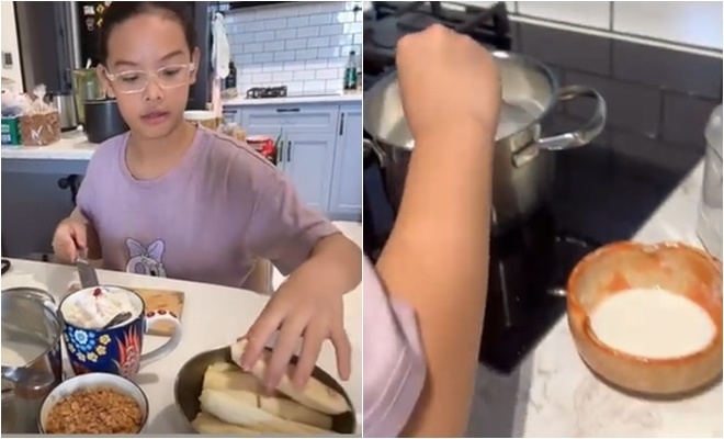 Cô chị cả Tuệ Lâm đã có thể làm các món đơn giản, bé tự tay tạo ra món kem chuối mà không cần mẹ Quỳnh Anh động tay vào.