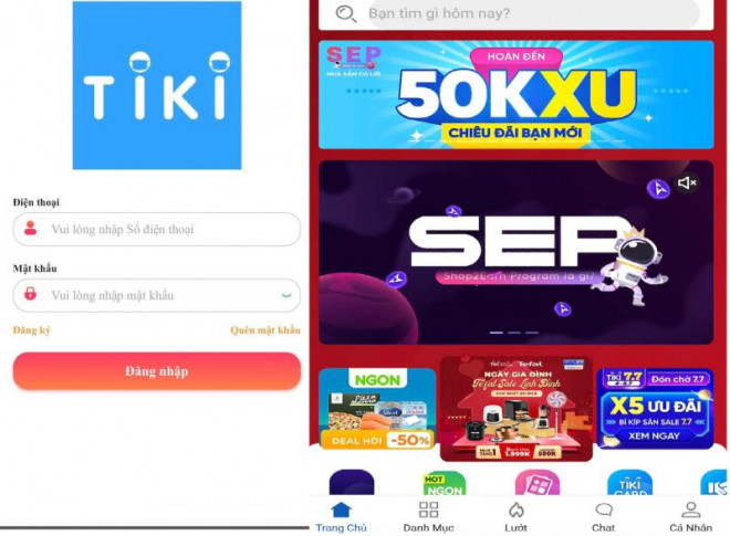 Giao diện trang Tiki giả (trái) và trang Tiki thật (phải)  