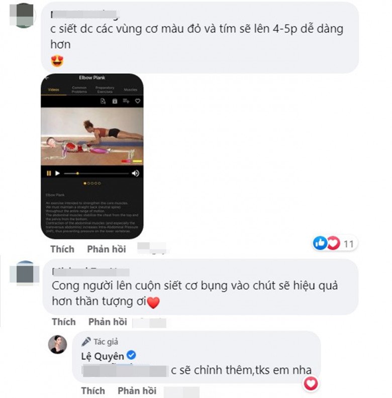Một số tài khoản là các chuyên gia còn đưa lời góp ý cho Lệ Quyên rằng khi tập nên cuộn người, siết cơ bụng sẽ hiệu quả hơn. Quý cô cũng tiếp thu ý kiến và chỉnh sửa thêm.