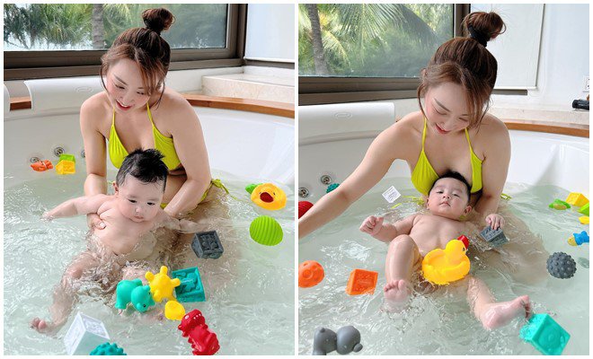 Vợ 3 kém 16 tuổi của Chi Bảo tắm cho con trai: Mẹ trắng nõn nà, con trai đáng yêu - 8