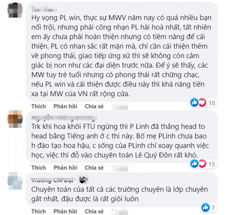 Bên dưới bài đăng trên các diễn đàn, dân tình không ngần ngại gọi tên cô nàng cho vị trí cao nhất. Song cũng có nhiều quan điểm cho rằng, khả năng cho Top 5 là rất lớn còn vị trí chung cuộc khá khó đoán vì người đẹp chưa có nhiều kinh nghiệm trên đấu trường nhan sắc lớn.