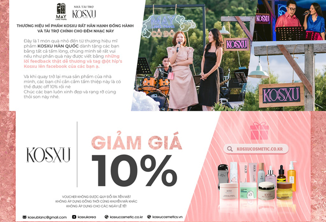 Và khách mời sẽ nhận được những voucher mua hàng ưu đãi lên đến 10% cho những lần mua hàng tại Kosxu.