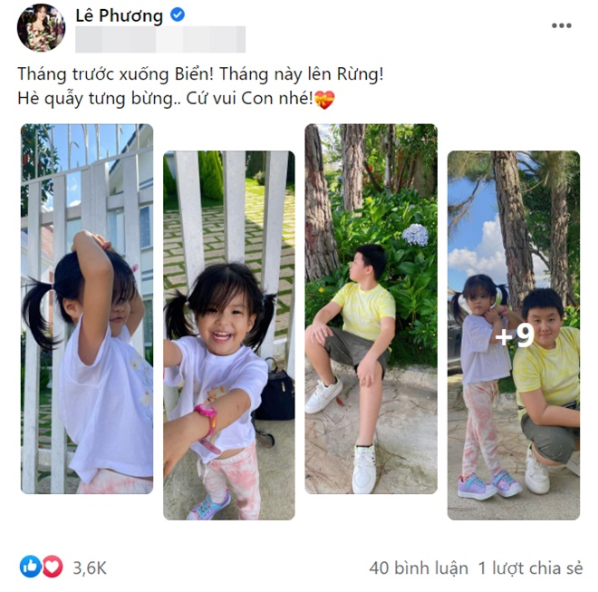 Lê Phương khoe ảnh 2 con đi du lịch. Bé Bông được dân mạng khen ngày càng xinh xắn, dễ thương, giống bố.