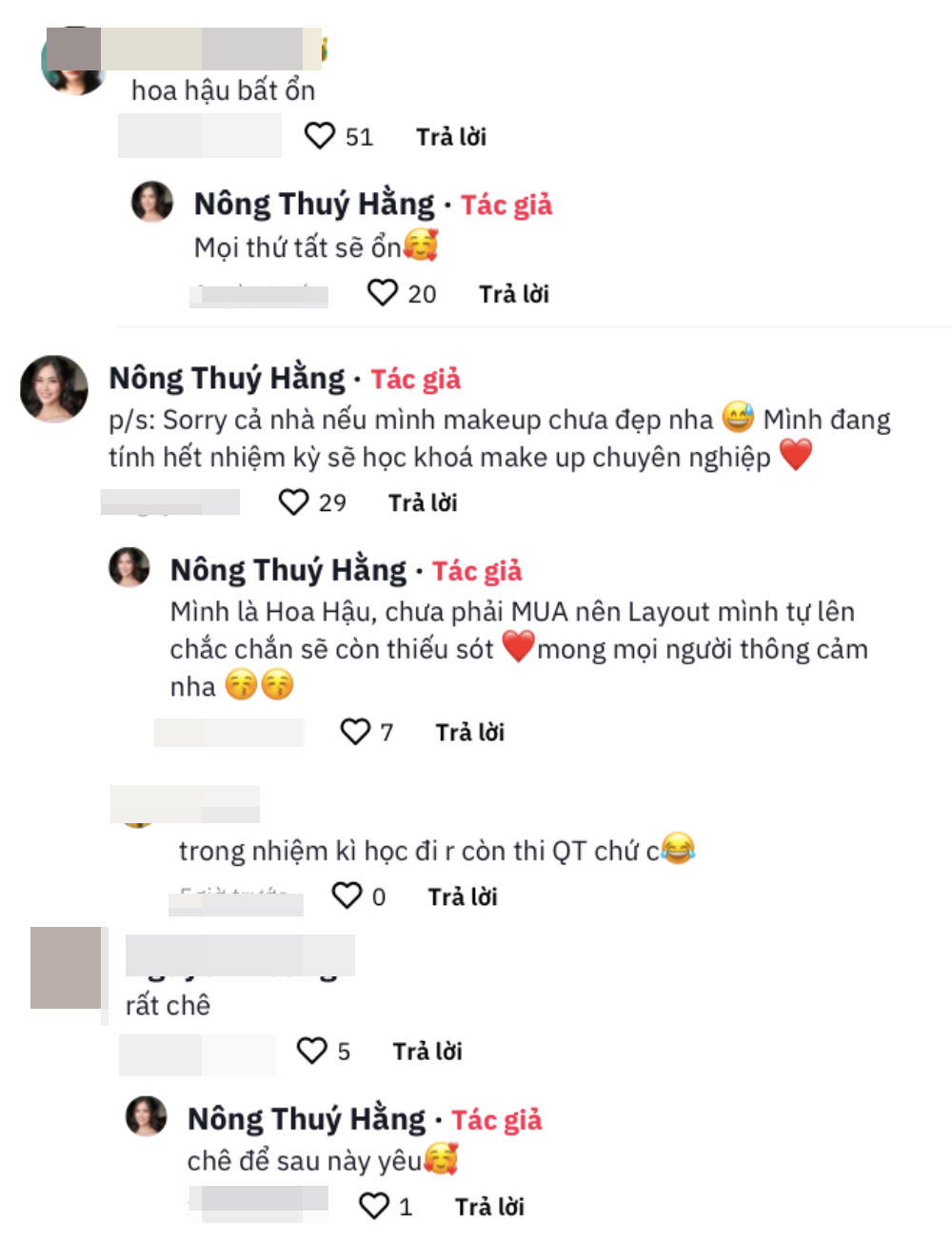 Tuy nhiên, vẫn có nhiều tài khoản thẳng thắn chê make up look không có gì đặc sắc. Cô nàng cũng sẵn sàng đáp trả lời bình luận chê là Chê để sau này yêu hay Mọi thứ tất sẽ ổn.