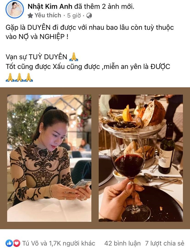 Đang vi vu cùng chồng cũ, Nhật Kim Anh lại có dòng trạng thái ẩn ý chuyện duyên nợ khiến khán giả không khỏi thắc mắc. 