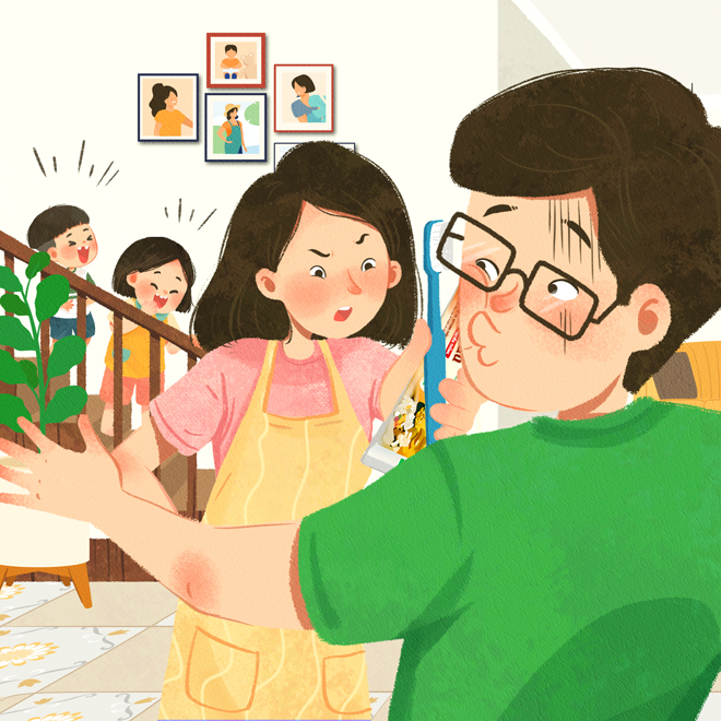 Bố chưa chịu đánh răng mà lao vào hôn là không xong với “nha sĩ mẹ” đâu. Muốn “thơm” mẹ thì miệng phải thơm tho nhé bố ơi!