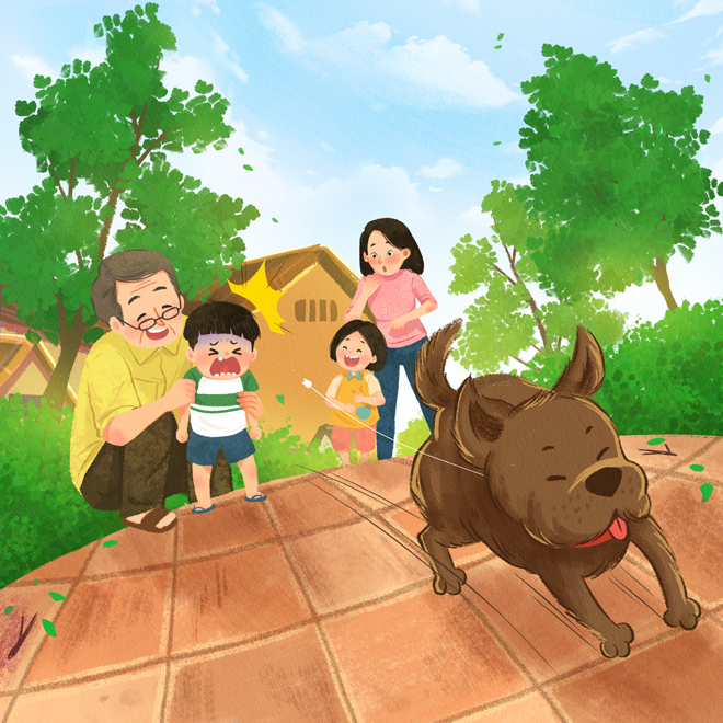 Thay vì nhổ răng kiểu dân gian bằng cách buộc răng vào cửa như bao người trong xóm, ông đã sáng tạo đầy-đột-phá bằng trò cột chỉ vào con Lu, báo hại mẹ phải chạy theo hụt hơi mấy quãng chỉ để cản “ba ông cháu”!