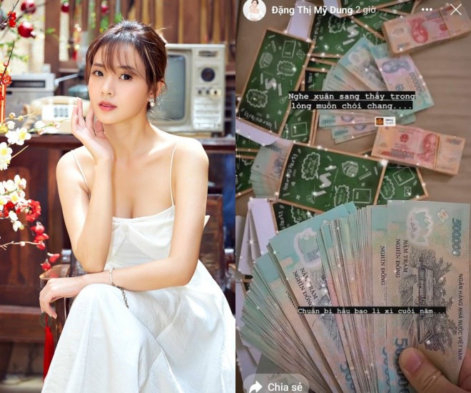 Có lần, Midu đăng clip chuẩn bị hẳn tập tiền dày toàn 500.000 đồng để mang đi lì xì nhân viên.