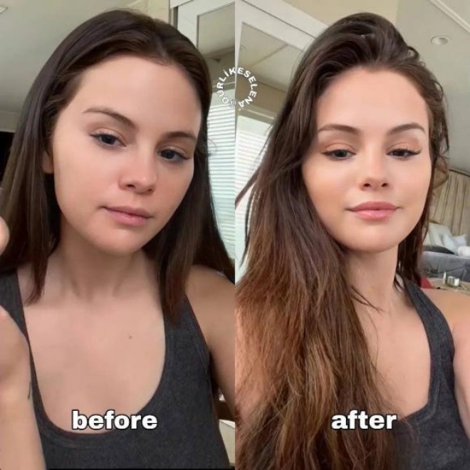 Selena trước và sau khi trang điểm không có nhiều sự thay đổi.