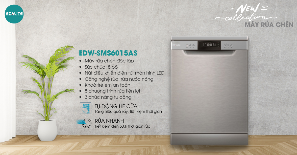 Máy rửa chén Ecalite EDW-SMS6015AS với gam bạc sang trọng