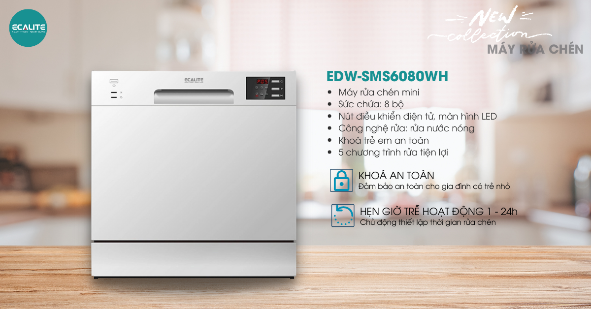 Máy rửa chén Ecalite EDW-SMS6080WH có sức chứa 8 bộ chén đĩa