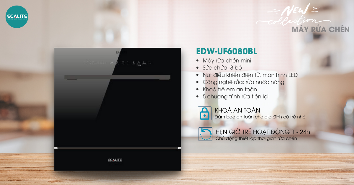 Thiết kế nhỏ gọn của máy rửa chén Ecalite EDW-UF6080BL