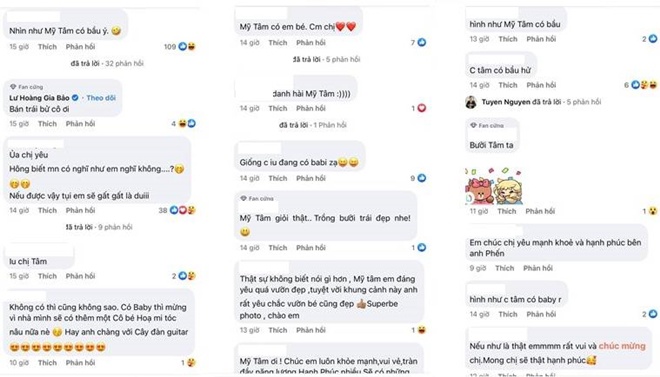  Nhiều người hâm mộ quan tâm, hỏi thăm thần tượng về chuyện bầu bí khi phát hiện bụng Mỹ Tâm lùm lùm.