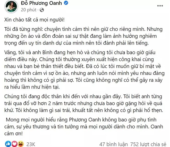 Phương Oanh khẳng định bản thân không phải tiểu tam, xác nhận chuyện hẹn hò Shark Bình sau khi lộ ảnh tình tứ.