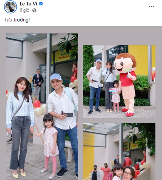 Diễn viên Tú Vi cùng ông xã Văn Anh đưa con gái đi học, viết chú thích siêu ngắn gọn: Tựu trường. 