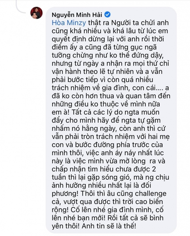 Cư dân mạng bức xúc khi Minh Hải vào tận bài đăng của Hòa Minzy để nói áy náy với tình mới.