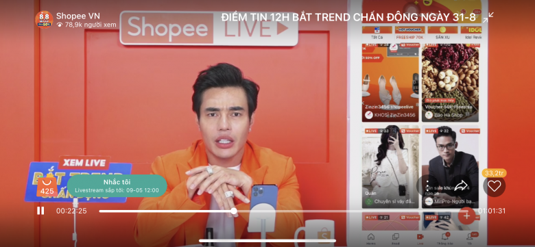 Dương Lâm vào xem livestream của các nhà bán hàng trên Shopee Live, đồng thời chia sẻ kinh nghiệm livestream, review sản phẩm giúp giữ chân người xem.