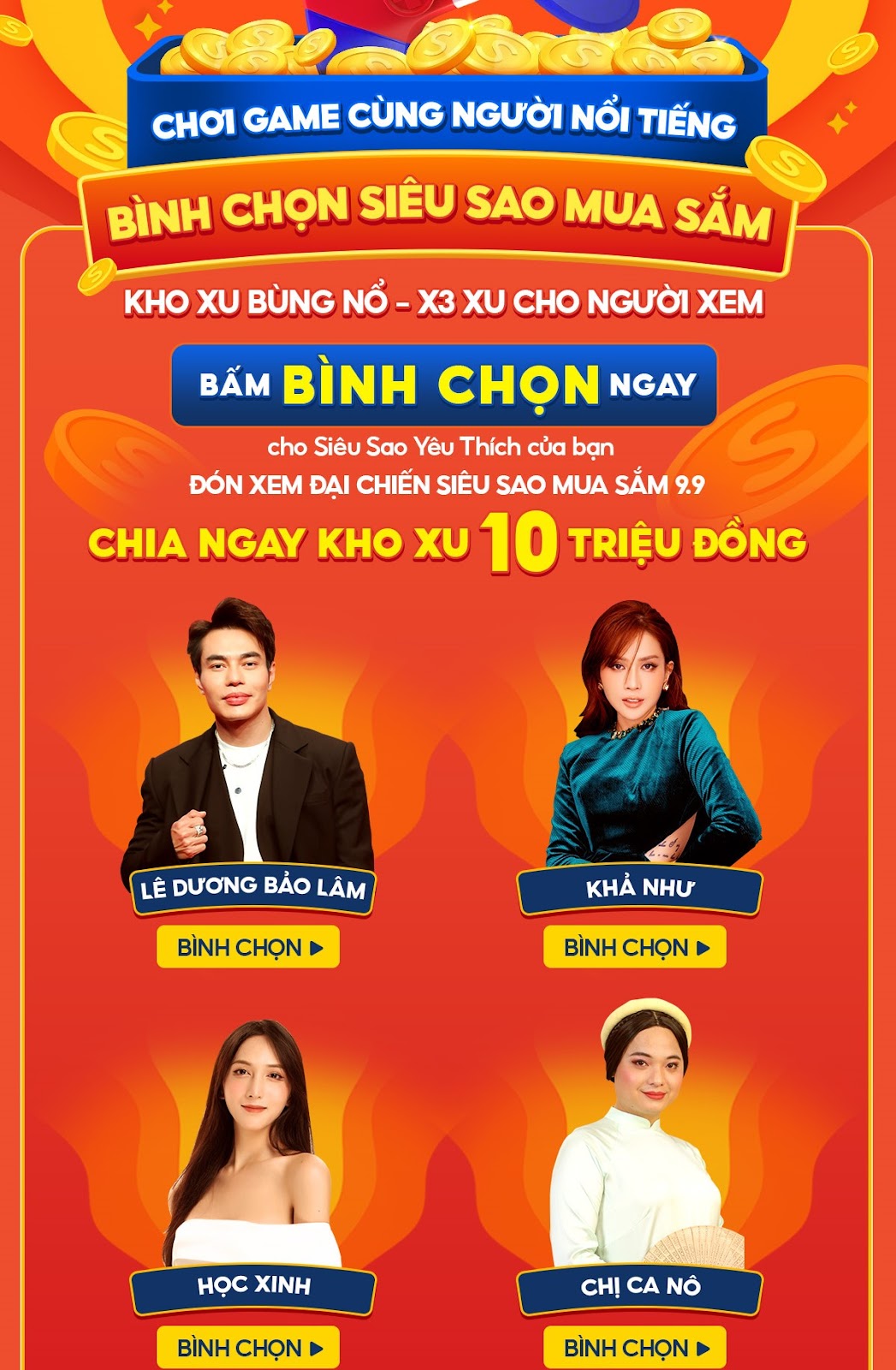 Cơ hội nhân 3 xu thưởng, chia cho xu 10 triệu đang đến rất gần, nhanh tay bình chọn cho Siêu Sao mình yêu thích nhất stronga hrefhttps://shopee.vn/m/shopeelive-dai-chien-sieu-sao-mua-sam-99 target_blanktại đây/a/strong.