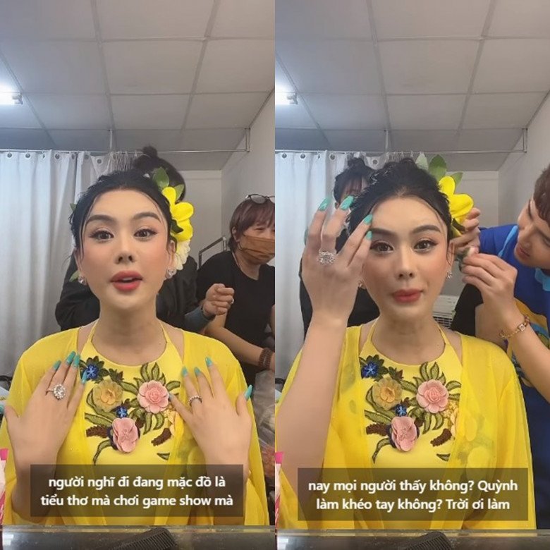 Chị Hằng điệu đà và dịu dàng với đôi môi đánh son hồng đất lì. Dù không biết rõ mình sẽ được hóa trang thành nhân vật truyền thuyết nhưng rất may mắn là bộ nails của cô rất hợp trang phục.