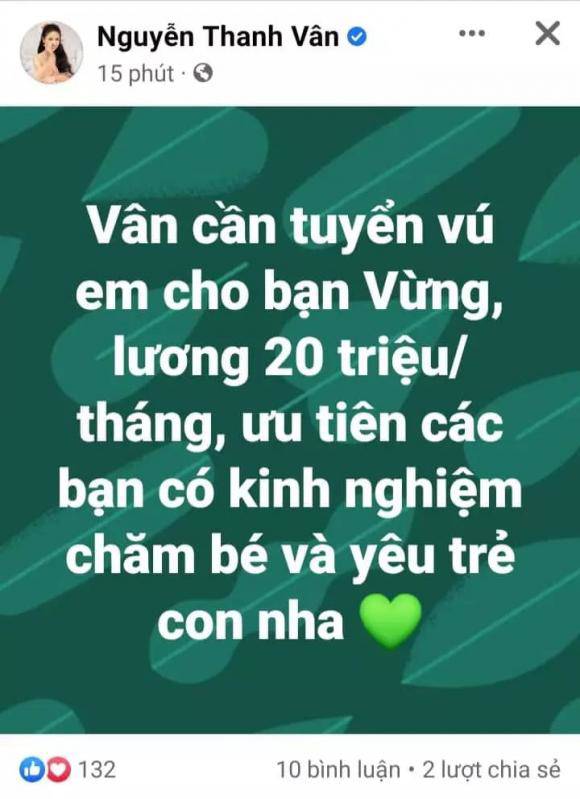 Vân Hugo tuyển giúp việc chăm con, lương 20 triệu/tháng mà yêu cầu cực đơn giản  - 1