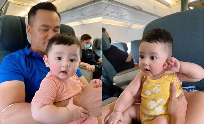 Vợ Chi Bảo biết con rất ngoan nên thường đưa cậu bé đi công tác chung. Mỗi khi được mẹ chụp ảnh, các biểu cảm của Gia Khang lại đốn tim người xem.