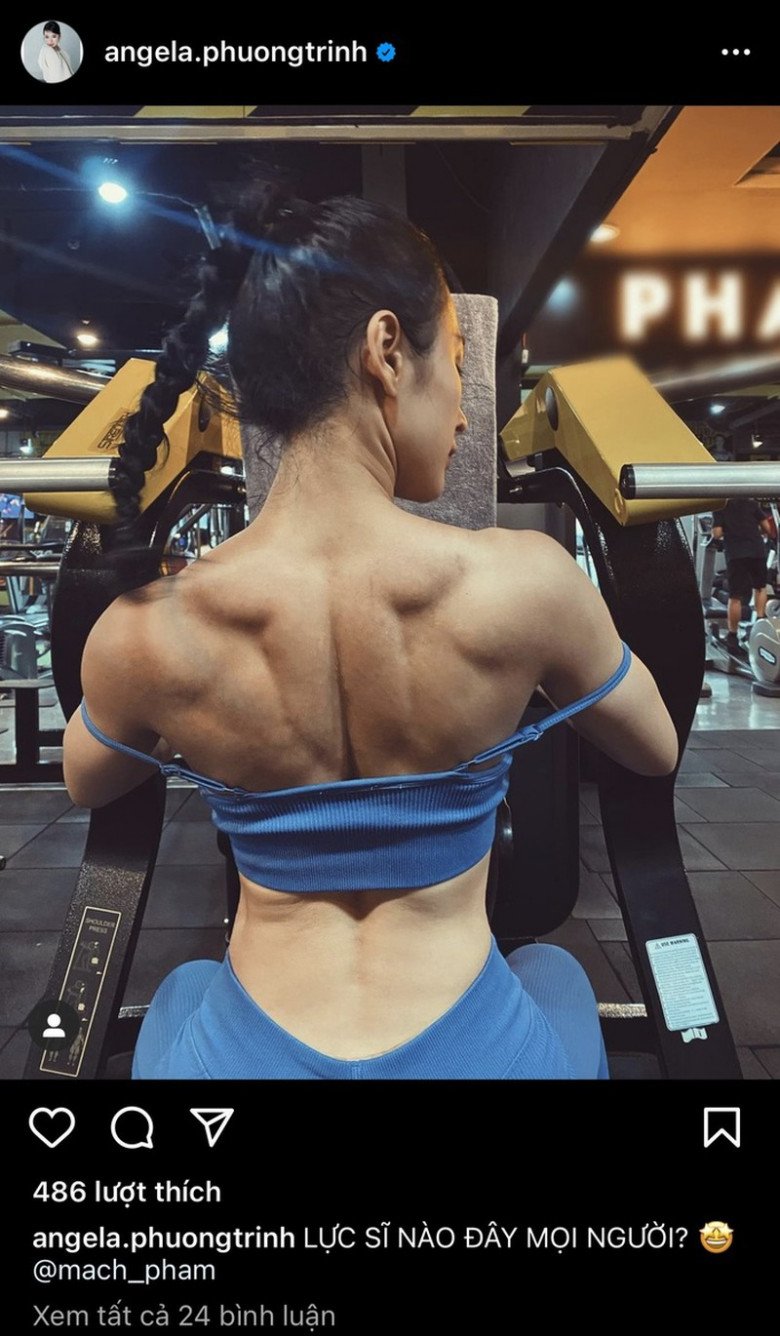 Chính người đẹp cũng tự hào với thành quả rèn luyện vóc dáng của mình. Cô dí dỏm khoe tấm lưng dày cơ như vận động viên chuyên nghiệp và ví von mình như lực sĩ.