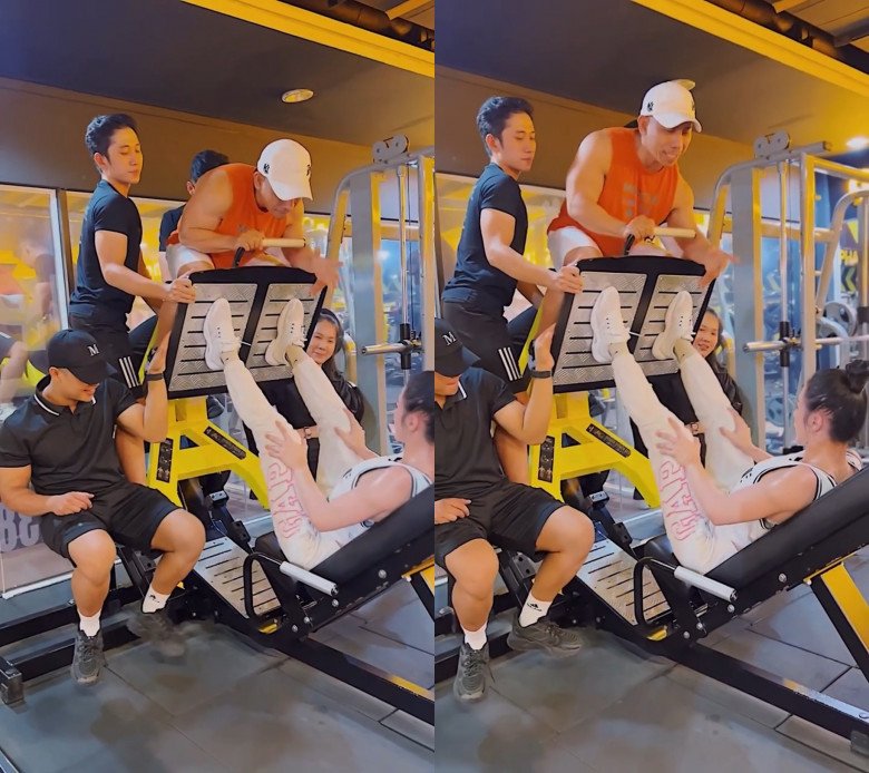 Có tất cả 5 người tập ở trên chiếc máy Leg Press cho tổng khối lượng 420kg. Với số lượng tạ nặng như vậy, việc tập không khóa khớp lúc đạp nên là điều chú trọng.