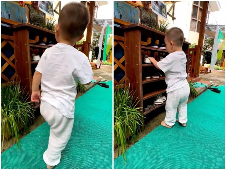 Leon ngoan ngoãn đi học, còn biết tự cất giày dép gọn gàng lên kệ.