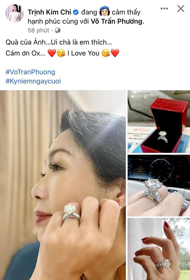 Trịnh Kim Chi khiến dân tình trầm trồ khi khoe nhẫn kim cương khủng được chồng doanh nhân tặng.