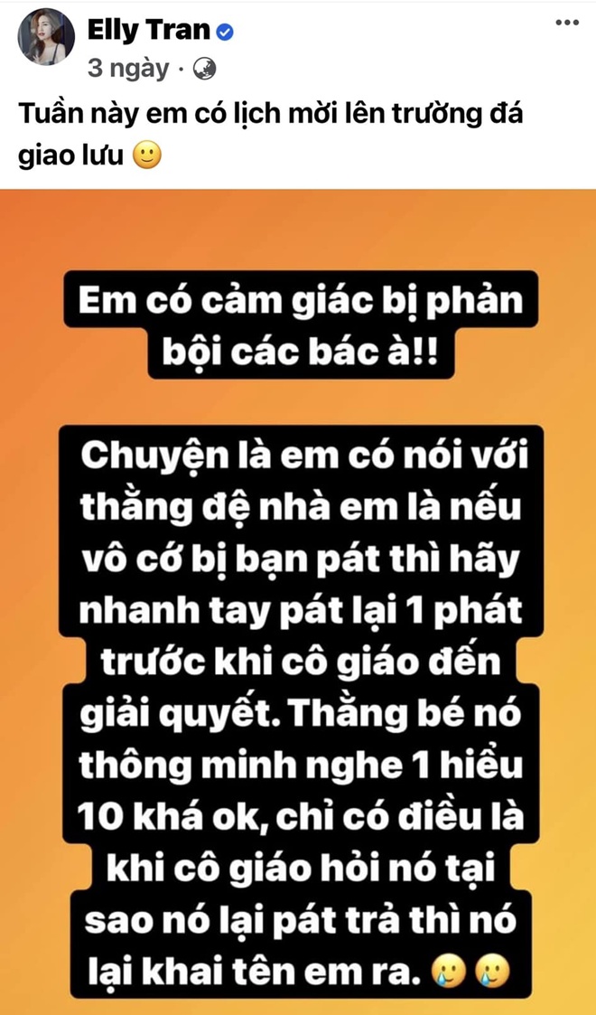 Elly Trần kể lại câu chuyện bi hài khi con trai bị bạn đánh. Kết quả là cô được nhà trường mời lên làm việc.
