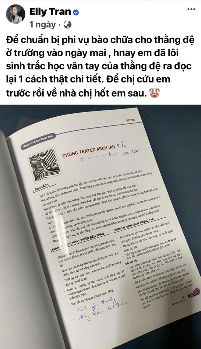 Elly Trần còn “chơi chiêu” cực kì tâm linh khi lôi sinh trắc học vân tay của con trai ra đọc lại.