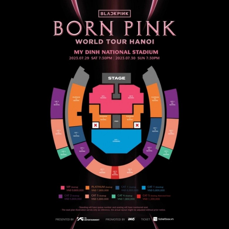 Sơ đồ và giá vé của concert Born Pink của BLACKPINK tại Hà Nội.