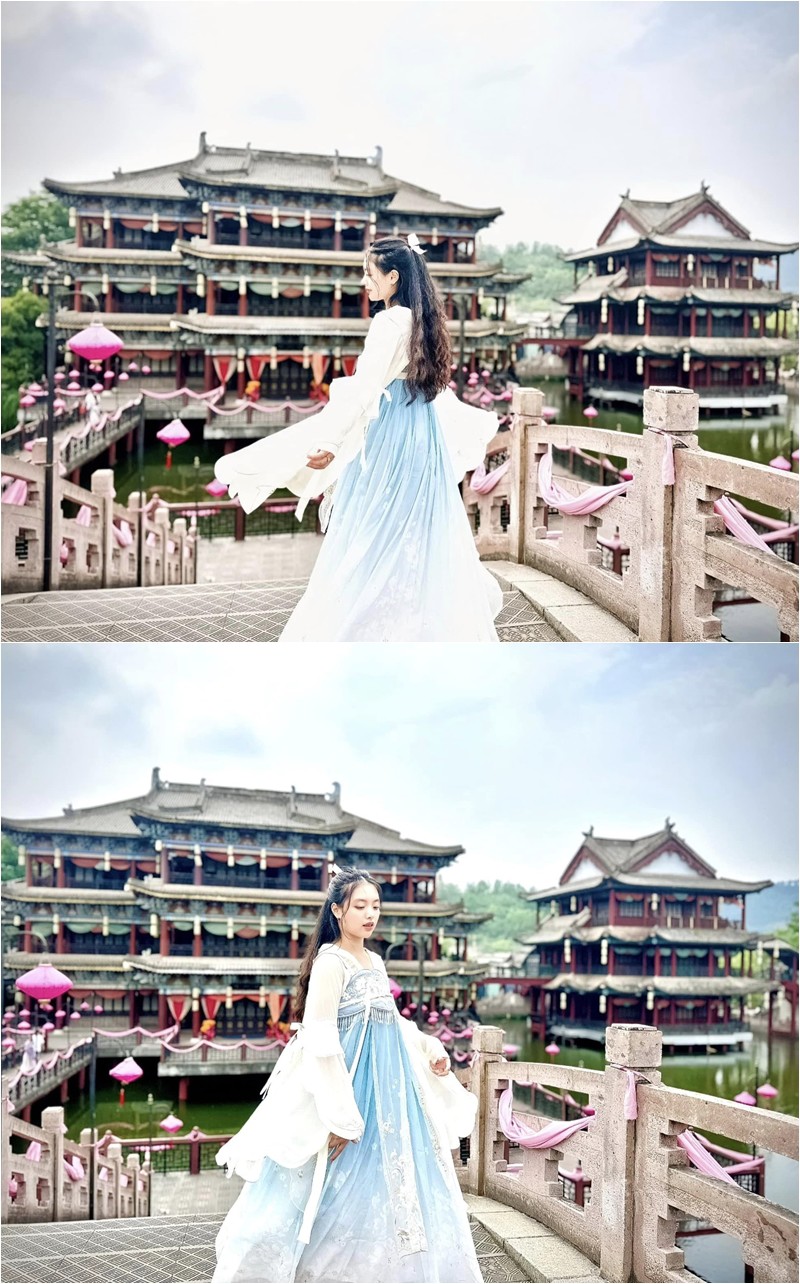 Cô bé hóa "thần tiên tỉ tỉ" trong bộ trang phục cổ trang giữa phim trường nổi tiếng của Trung Quốc.
