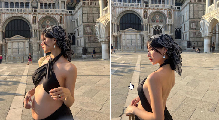 Qin Han diện váy cut out, khoe bụng tròn xoe khi đi du lịch ở Ý.