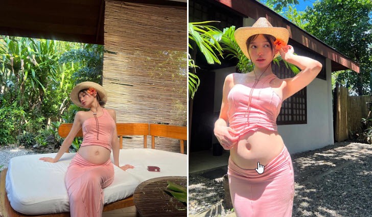 Qin Han chuộng diện váy áo lộ bụng dù đang ở những tháng giữa thai kỳ.