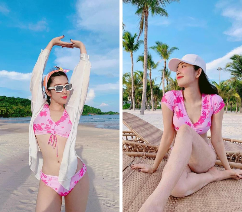 Ngoài ra, mỹ nhân Cai Lậy cũng không theo đuổi hình ảnh sexy táo bạo ngay cả khi mặc áo tắm. Với việc chọn bikini mang sắc hồng, trông Thuý Ngân hệt viên kẹo ngọt ngào. 

