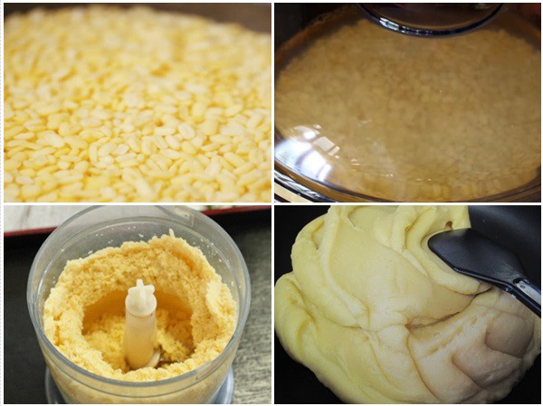 Đậu xanh ngâm nở, hấp chín, xay nhuyễn rồi sên