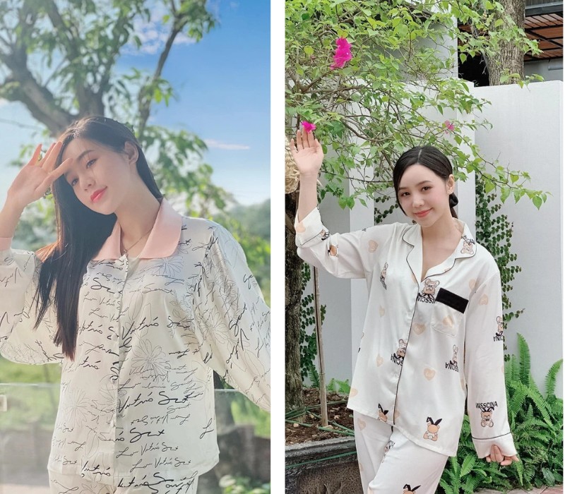 Quỳnh Kool nhí nhảnh trong những bộ pyjamas sáng màu có hoa văn xinh xắn.
