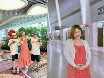 MC Hoàng Linh mang bầu vượt mặt vẫn đưa cặp sinh đôi đi du lịch, 2 con riêng cực yêu em bé trong bụng mẹ